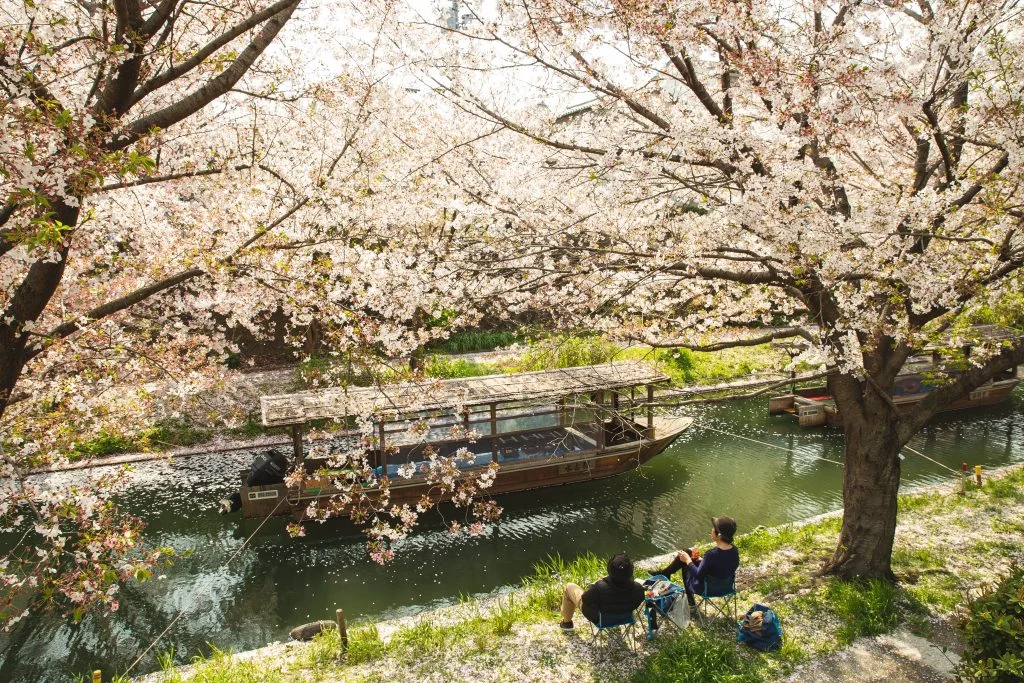 Nature scene with two friends having a picnic overlooking a canal